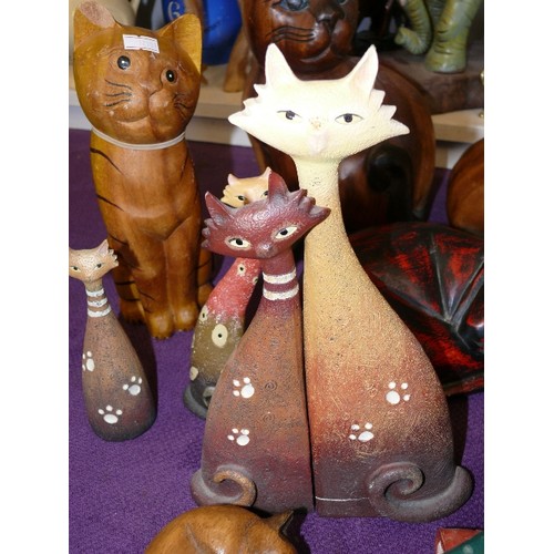 114 - A  LARGE SELECTION OF VERY NICE, DECORATIVE WOOD AND CERAMIC CAT ORNAMENTS