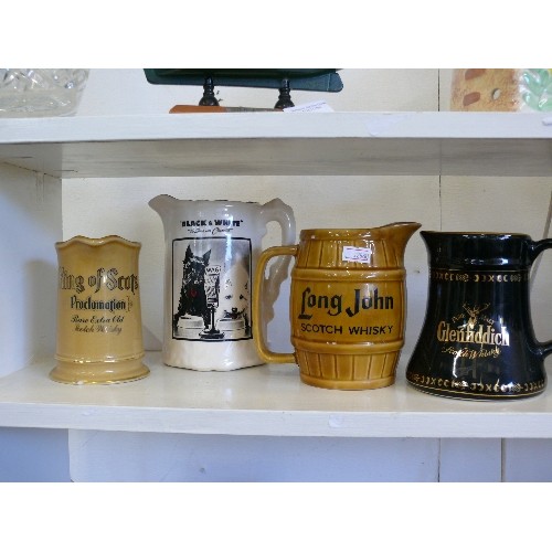 101 - 4 WHISKY ADVERTISING WATER JUGS FEATURING LONG JOHN, GLEFIDDICH, BLACK & WHITE, KING OF SCOTS