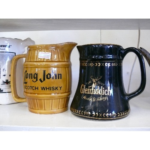 101 - 4 WHISKY ADVERTISING WATER JUGS FEATURING LONG JOHN, GLEFIDDICH, BLACK & WHITE, KING OF SCOTS