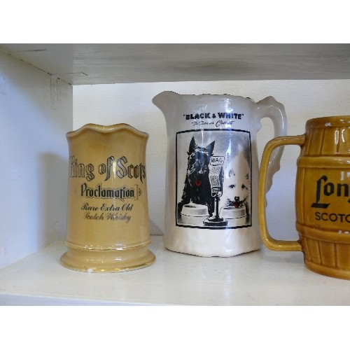 101 - 4 WHISKY ADVERTISING WATER JUGS FEATURING LONG JOHN, GLEFIDDICH, BLACK & WHITE, KING OF SCOTS