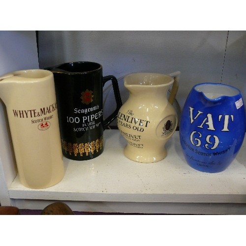 109 - 4 WHISKY ADVERTISING WATER JUGS FEATURING WHITE & MCKAY, GLENLIVET, VAT 69 AND SEAGRAM'S 100 PIPERS