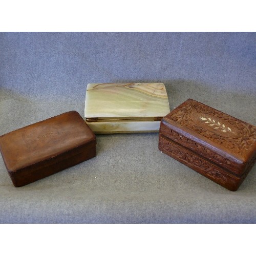 120 - 3 BOXES - A VERY HEAVY DECORATIVE ONYX LIDDED BOX AND A CARVED WOODEN LIDDED BOX PLUS ONE OTHER.