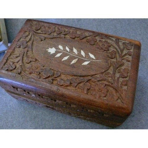 120 - 3 BOXES - A VERY HEAVY DECORATIVE ONYX LIDDED BOX AND A CARVED WOODEN LIDDED BOX PLUS ONE OTHER.