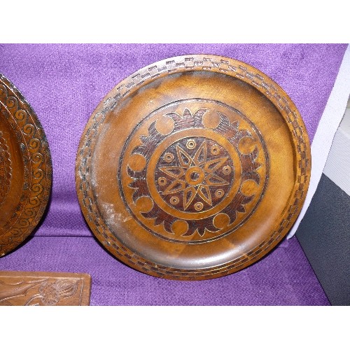 131 - A LOVELY SELECTION OF CARVED WOOD PLATES, BOWLS AND A VASE