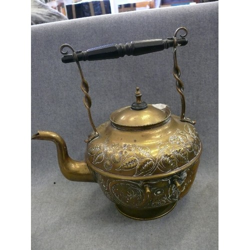 132 - A VERY NICE ORNATE BRASS KETTLE WITH BRASS TRIVET PLUS A COPPER KETTLE