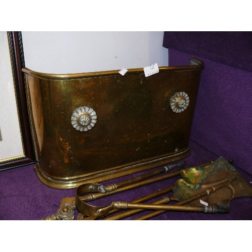 142 - A SELECTION OF BRASS FIRESIDE TOOLS PLUS A BRASS FIRE SCREEN