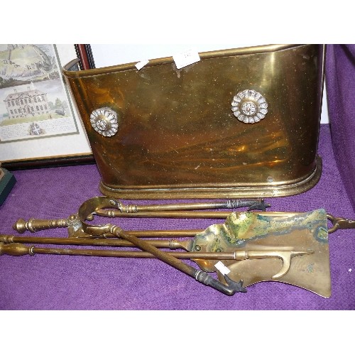 142 - A SELECTION OF BRASS FIRESIDE TOOLS PLUS A BRASS FIRE SCREEN