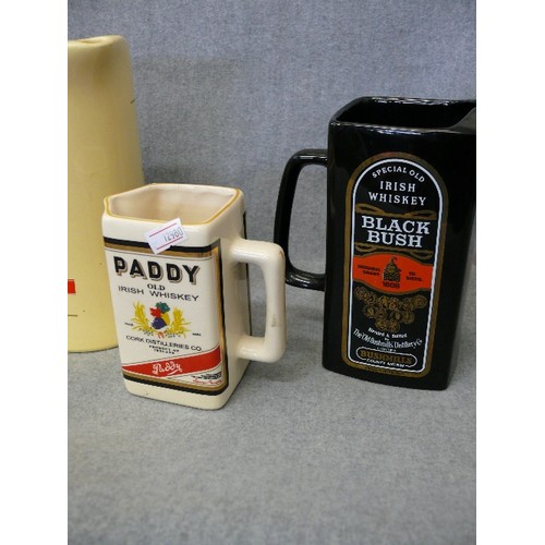 145 - FOUR WHISKY ADVERTISING WATER JUGS FEATURING BELL'S, GLENFIDDICH, PADDY AND BLACK BUSH