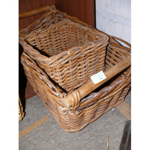 176 - A LARGE GOOD QUALITY WICKER BASKET AND A SMALLER SQUARE WICKER BASKET