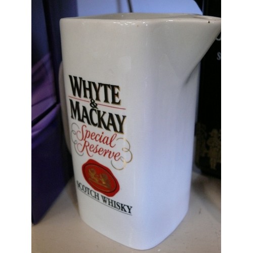 84 - 4 ADVERTISING WHISKY WATER JUGS FEATURING WHYTE & MACKAY, DEWAR'S, SEAGRAM'S ETC