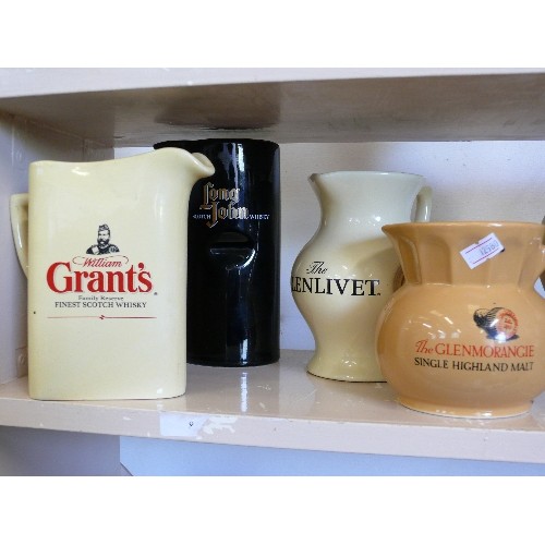 90 - 4 WHISKY ADVERTISING WATER JUGS FEATURING  GRANT'S, GLENMORANGIE, GLENLIVET AND LONG JOHN