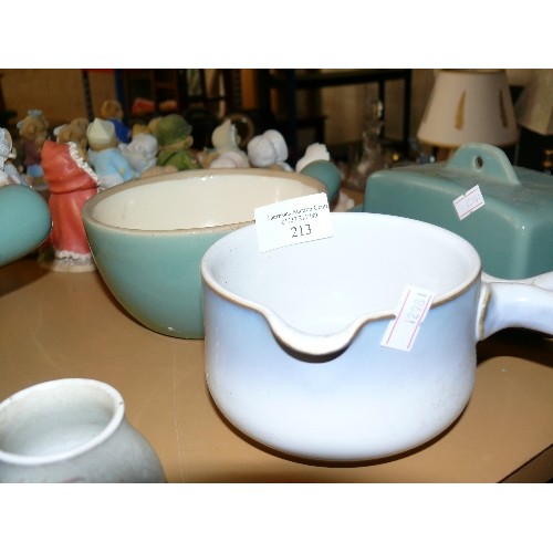 213 - A SELETION OF DENBY CHINA TO INCLUDE BUTTER DISH, COOKING POTS, CRUET SET ETC.