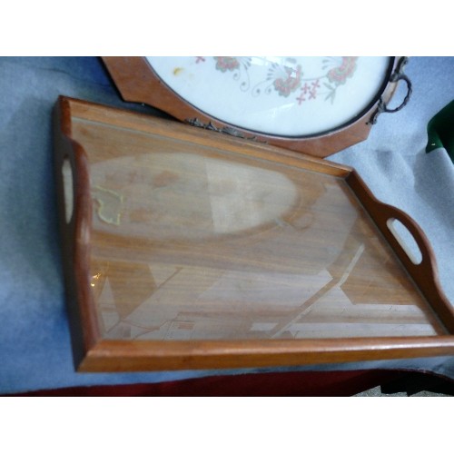 215 - A LOVELY OAK AND GLASS TOPPED SERVING TRAY PLUS A EMBROIDERED SERVING TRAY