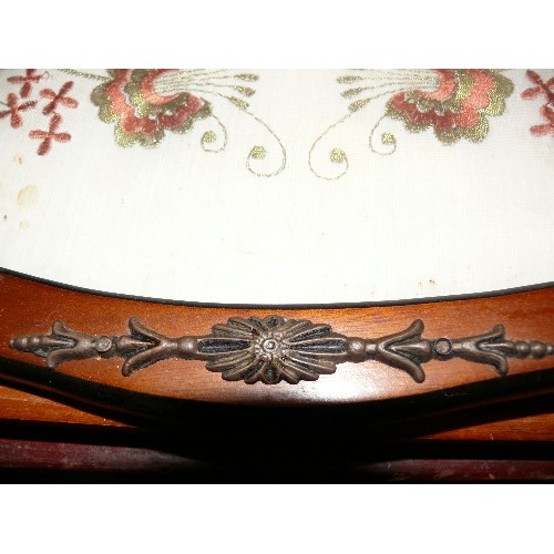 215 - A LOVELY OAK AND GLASS TOPPED SERVING TRAY PLUS A EMBROIDERED SERVING TRAY