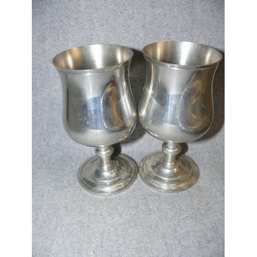 229 - A PAIR OF ENGLISH PEWTER WINE GOBLETS AND A NEW CORKING MACHINE