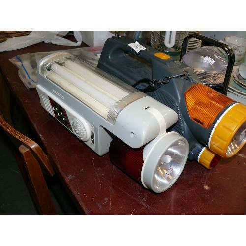 230 - 2 LARGE RECHARGABLE HAND HELD EMERGENCY TORCHES PLUS 2 SMALLER RECHARGABLE CAMPING LANTERNS