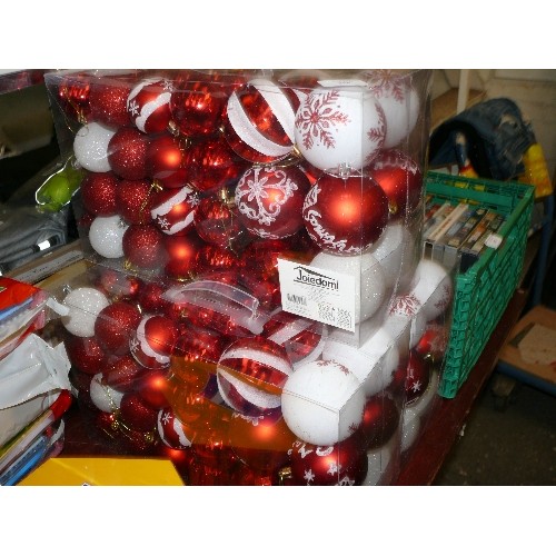 246 - 3 LARGE BOXES OF BRAND NEW RED AND WHITE CHRISTMAS BAUBLES