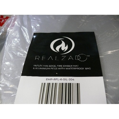 250 - 3 REFLECTIVE EDGE FIRE EMBER MATS & ALUMINIUM PEGS WITH WATERPROOF BAGS BY REALZADO, ALL NEW IN PACK... 