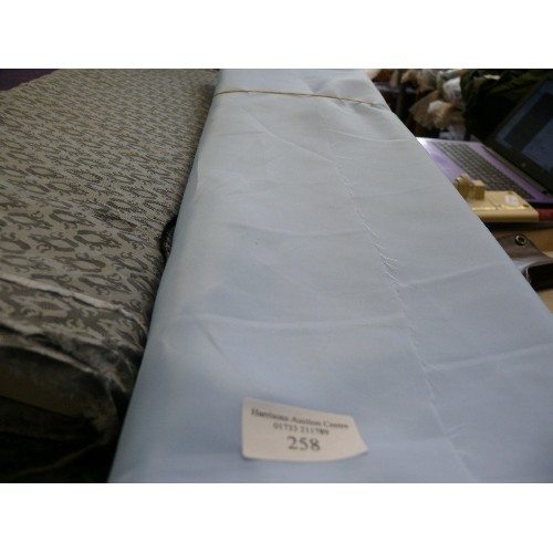 258 - 7 ROLLS OF LINING FABRIC, VARIOUS COLOURS MOSTLY SATIN EFFECT