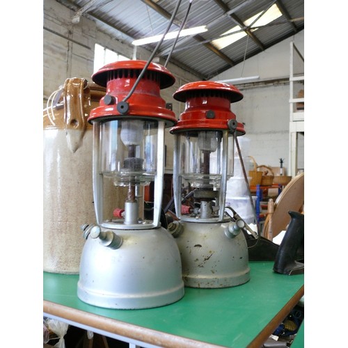 320 - 2 SILVER BASE AND RED TOP BIALLDIN LAMPS