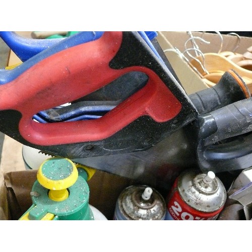 300 - A LARGE BOX OF MIXED HARDWARE AND TOOLS TO INCLUDE A CAR CLEANING KIT, A SELECTION OF SAWS, DOOR CLO... 