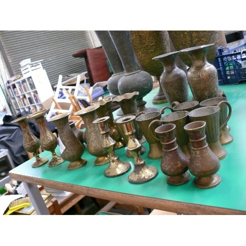 327 - 10 PAIRS OF VARIOUS BRASS VASES AND CANDLESTICKS