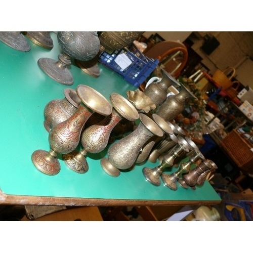 327 - 10 PAIRS OF VARIOUS BRASS VASES AND CANDLESTICKS