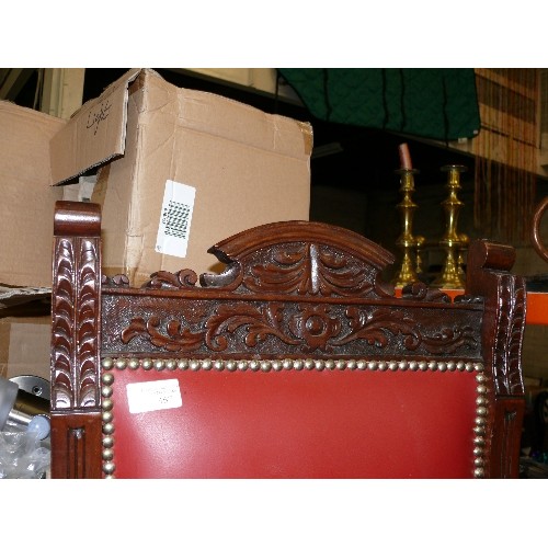 388 - ORNATE CARVED CHAIR WITH RED VINYL SEAT AND BACK WITH STUDDED FINISH