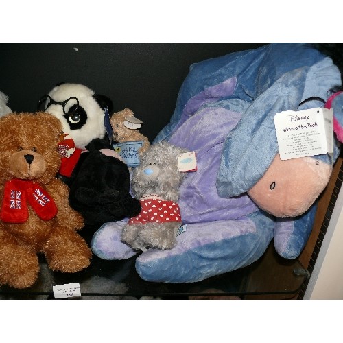 354 - 2 SHELVES OF MIXED SOFT TOYS, NEW WITH TAGS INCLUDING DISNEY EEHYORE, A DONKEY, ME TO YOU BEARS ETC.