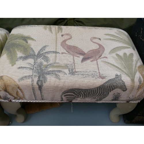 378 - PAIR OF FOOT STOOLS SUPPORTED ON GREY QUEEN ANN LEGS AN  TASTEFULLY UPHOLSTERED IN WILDLIFE FABRIC S... 