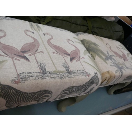 378 - PAIR OF FOOT STOOLS SUPPORTED ON GREY QUEEN ANN LEGS AN  TASTEFULLY UPHOLSTERED IN WILDLIFE FABRIC S... 