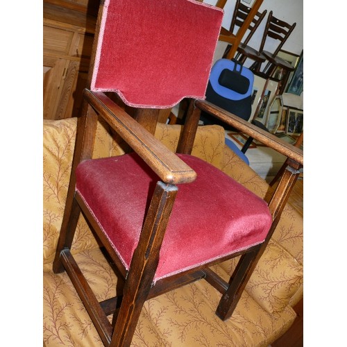 454 - LARGE OKA LIBRARY CHAIR WITH RED VELVET UPHOLSTERED SEAT AND BACK REST