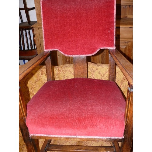 454 - LARGE OKA LIBRARY CHAIR WITH RED VELVET UPHOLSTERED SEAT AND BACK REST