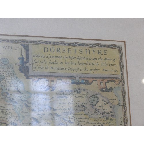 152 - A FRAMED AND GLAZED PRINT OF JOHN SPEED'S MAP OF DORSET, 1610