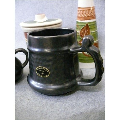 108 - WELSH STUDIO POTERY JUG, SHAKER AND LIDDED POT PLUS A SET OF PRINKNASH POTTERY MUGS AND JUGS