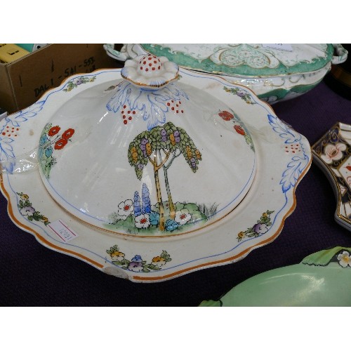 155 - 2 VINTAGE CERAMIC TUREENS BY TUNSTALL AND CROWN FORD PLUS AN IMARI CAKE PLATE PLUS AN ART NOUVEAU CA... 