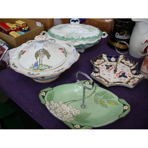 155 - 2 VINTAGE CERAMIC TUREENS BY TUNSTALL AND CROWN FORD PLUS AN IMARI CAKE PLATE PLUS AN ART NOUVEAU CA... 