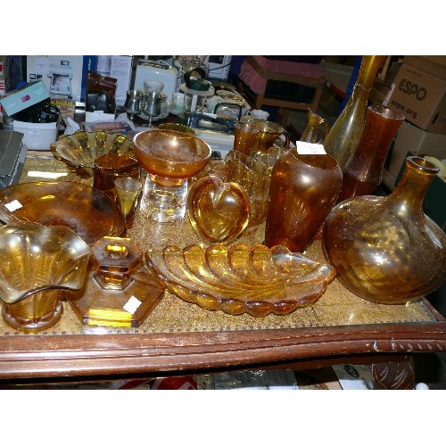 201 - A LARGE COLLECTION OF AMBER GLASSWARE TO INCLUDE VASES, JUGS AND DISHES