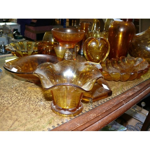 201 - A LARGE COLLECTION OF AMBER GLASSWARE TO INCLUDE VASES, JUGS AND DISHES