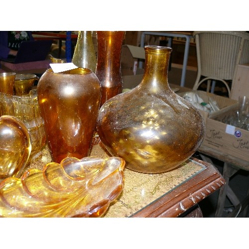 201 - A LARGE COLLECTION OF AMBER GLASSWARE TO INCLUDE VASES, JUGS AND DISHES