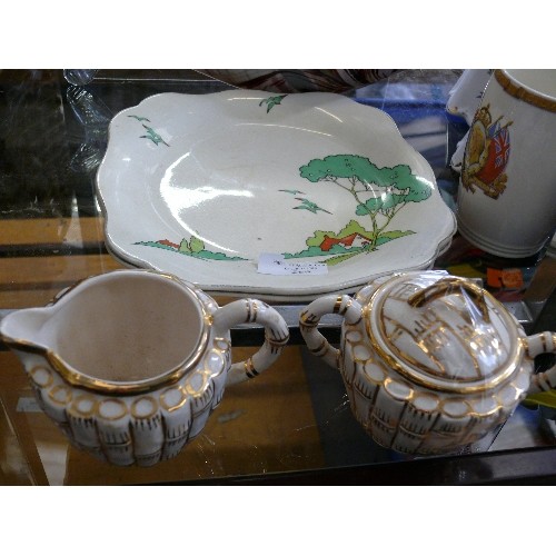 266 - PAIR OF PLATES IN THE STYLE OF CLARICE CLIFF PLUS ARTHUR WOODS CREAM JUG AND SUGAR BOWL WITH LID IN ... 