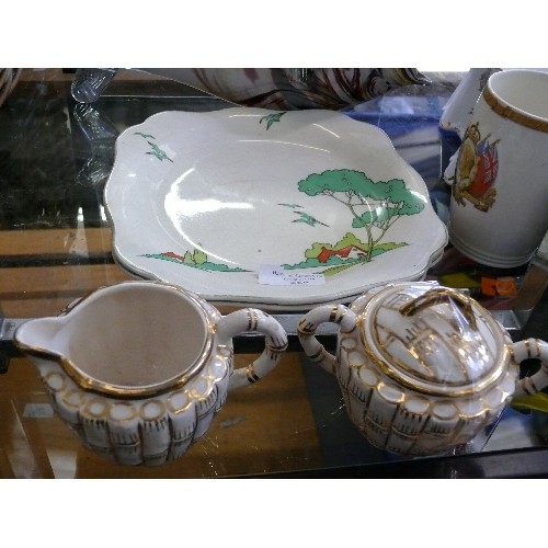 266 - PAIR OF PLATES IN THE STYLE OF CLARICE CLIFF PLUS ARTHUR WOODS CREAM JUG AND SUGAR BOWL WITH LID IN ... 