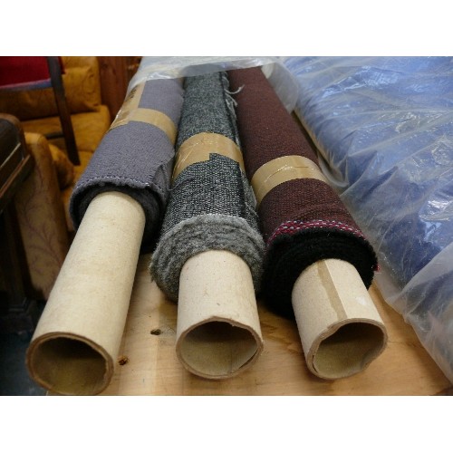 288 - 3 PART ROLLS OF WOOL BLEND FABRIC, 2 BLUE AND 1 DARK RED