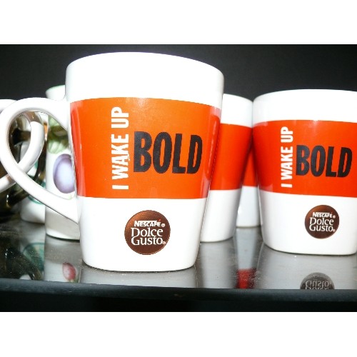 353 - SHELF OF GOOD QUALITY MUGS INCLUDING A SET OF 'I WAKE UP BOLD' DOLCE GUSTO, NESCAFE