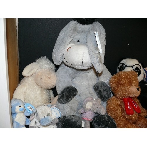 354 - 2 SHELVES OF MIXED SOFT TOYS, NEW WITH TAGS INCLUDING DISNEY EEHYORE, A DONKEY, ME TO YOU BEARS ETC.