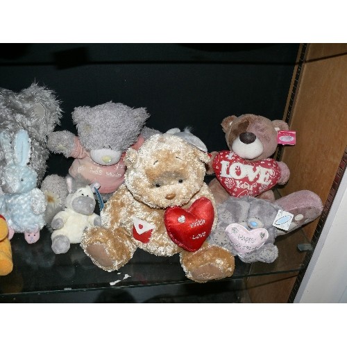 354 - 2 SHELVES OF MIXED SOFT TOYS, NEW WITH TAGS INCLUDING DISNEY EEHYORE, A DONKEY, ME TO YOU BEARS ETC.