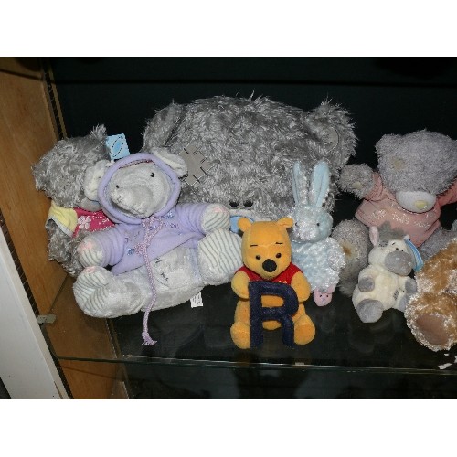 354 - 2 SHELVES OF MIXED SOFT TOYS, NEW WITH TAGS INCLUDING DISNEY EEHYORE, A DONKEY, ME TO YOU BEARS ETC.