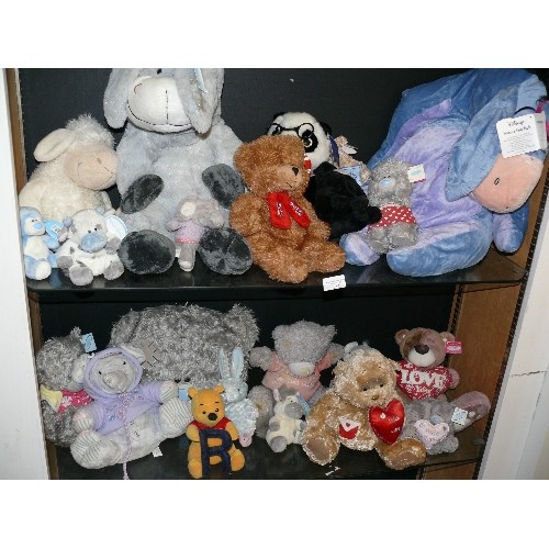 354 - 2 SHELVES OF MIXED SOFT TOYS, NEW WITH TAGS INCLUDING DISNEY EEHYORE, A DONKEY, ME TO YOU BEARS ETC.