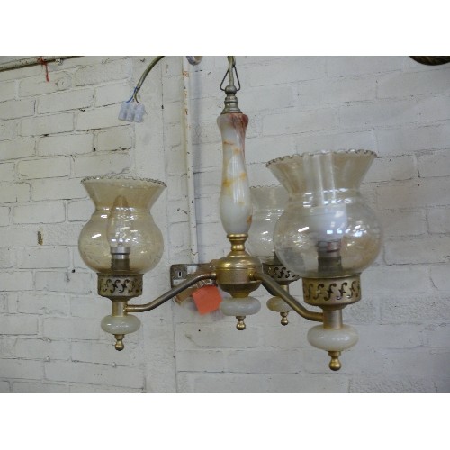 374 - PAIR OF CEILING PENDANTS - 3 ARMS AND GLASS SHADES