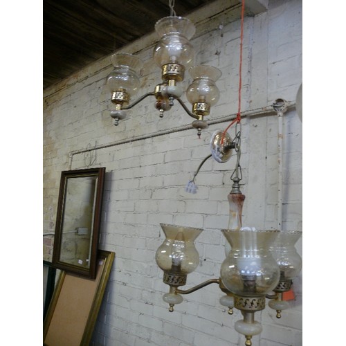 374 - PAIR OF CEILING PENDANTS - 3 ARMS AND GLASS SHADES